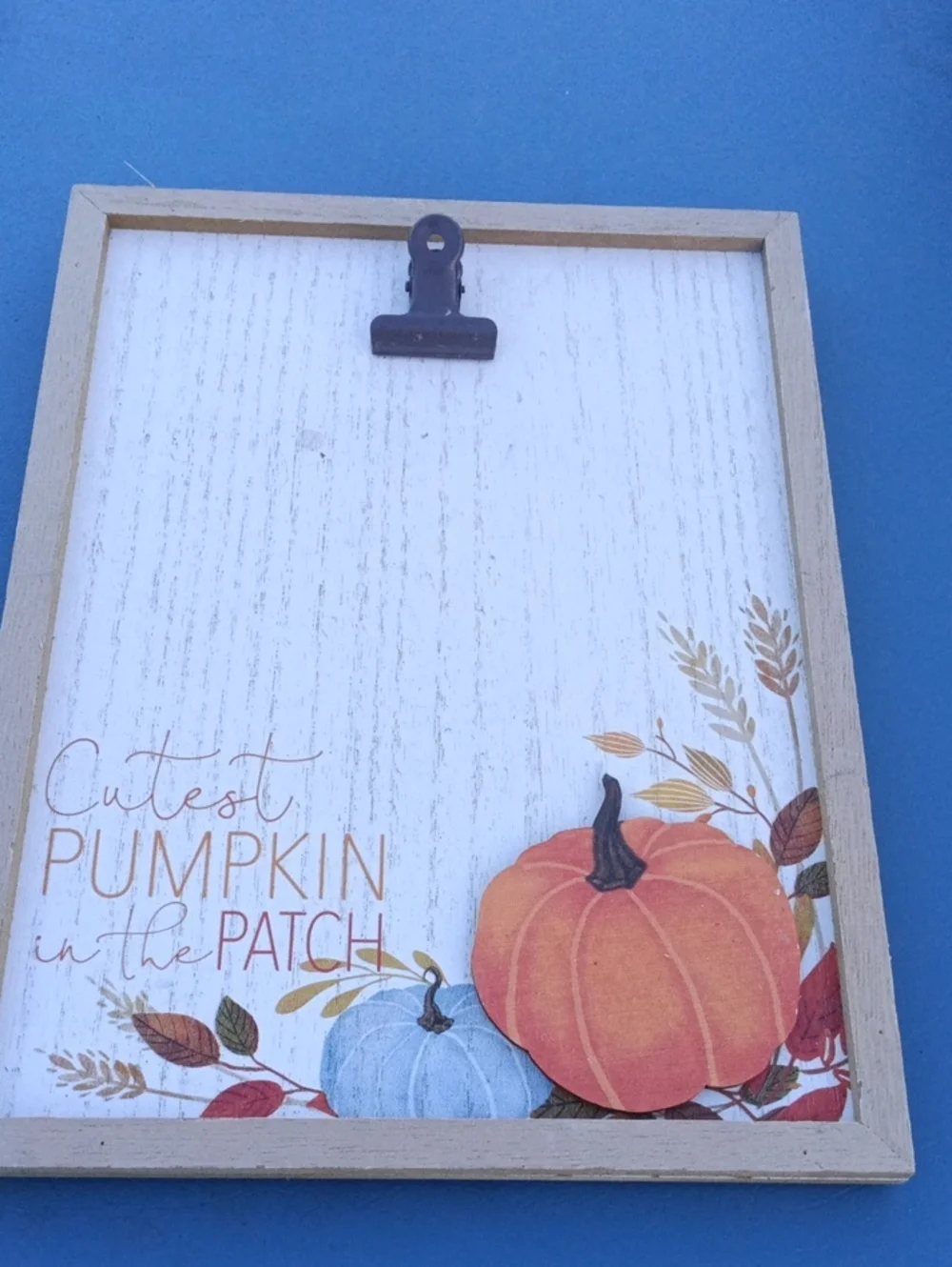 Farmhouse White Wood Clip Frame Sign with Orange Pumpkin Accent